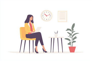 Poster - woman is sitting in a yellow chair in front of a wall clock. she is using a laptop computer