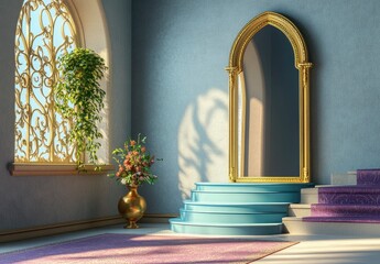 Sticker - A round podium with a gold texture stands on the right side of an empty blue wall in a modern interior design style. A small purple carpet and two vases placed next to it add a color contrast