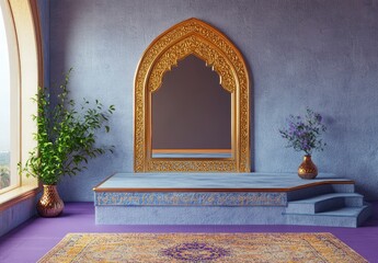 Sticker - A round podium with a gold texture stands on the right side of an empty blue wall in a modern interior design style. A small purple carpet and two vases placed next to it add a color contrast