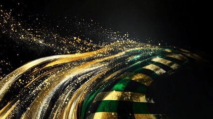 Poster - Abstract checkered flag design with golden and green swirls and sparkling particles on a dark background.