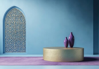 Sticker - A round podium with a gold texture stands on the right side of an empty blue wall in a modern interior design style. A small purple carpet and two vases placed next to it add a color contrast