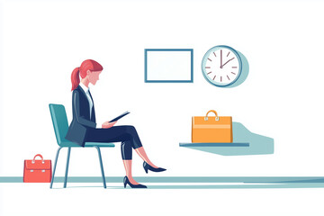 Poster - woman is sitting in a chair in front of a wall clock. she is reading a book