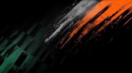 Poster - Abstract design with diagonal brush strokes in orange, white, and green colors over a dark background.  Checkered flag pattern.