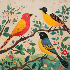 Poster - Vibrant Birds in a Blooming Garden: A Colorful Nature Painting