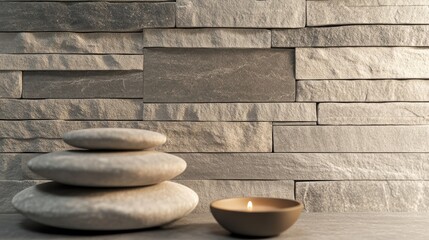 Wall Mural - Zen Stones and a Candle on a Stone Wall Background