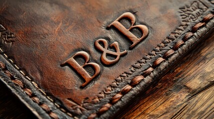 Wall Mural - Vintage Leather Wallet with Initials: Close-up of a beautifully crafted vintage leather wallet embossed with the initials 