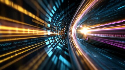 Wall Mural - blue gold tunnel light trail gentle floating with bokeh light on dark background, innovation futuris