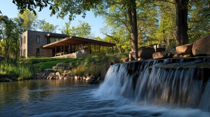 Wall Mural - Modern House by a Waterfall in a Lush Forest