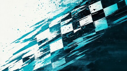 Aufkleber - Abstract checkered flag with teal paint splatter effect.