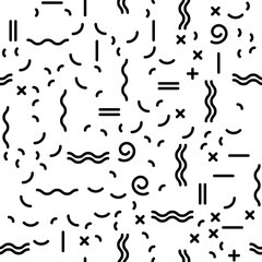 Wall Mural - Seamless memphis pattern, Scattered black geometric line shapes arcs, spirals, wavy lines, straight lines, crosses in doodle style on white background, Basic shapes minimalist art fashion 80-90s