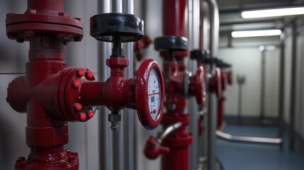 Wall Mural - A red pipe with a black cap and a red gauge on it