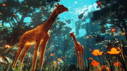 Poster - Luminous Giraffes in a Dreamy Forest