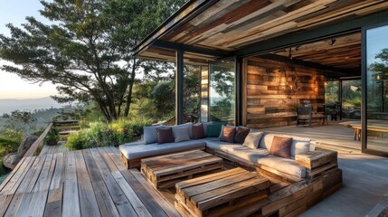 Wall Mural - Rustic Wooden Deck with Sectional Sofa and Mountain View