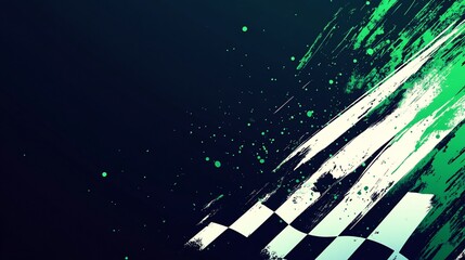 Poster - Abstract checkered flag graphic design with dynamic brushstrokes and splashes of vibrant green and white paint.