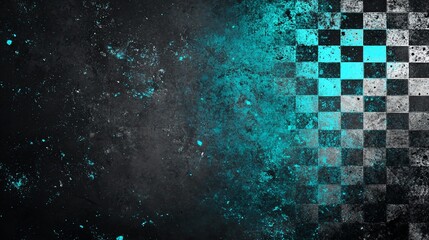 Poster - Checkered flag on dark textured background with teal highlights.