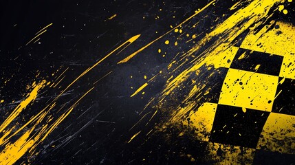 Aufkleber - Abstract checkered flag design with dark background and vibrant yellow splatter.
