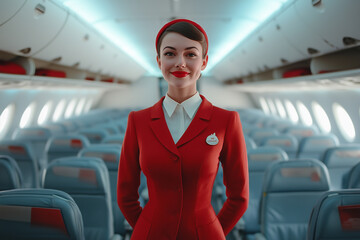 smiling woman in a red uniform stands in the middle of an airplane. She is wearing a name tag and a smile