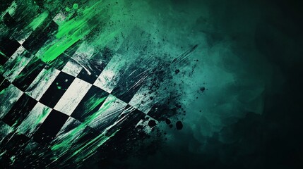 Poster - Checkered flag with vibrant green paint splashes on a dark teal background.