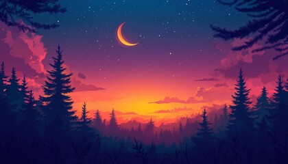 Wall Mural - Beautiful sunset sky with a crescent moon. Copy space background. Peaceful night in nature in the bottom right corner. 