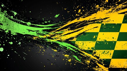 Poster - Abstract graphic design with green and yellow paint splatters and checkered flag.