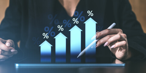 Poster - Growth chart with upward arrows and percentage symbols, symbolizing sales or success rates. Hands holding a stylus over a tablet.