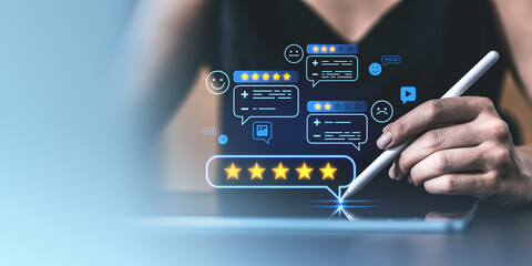 Poster - Customer hand holding stylus with floating review icons and stars on digital tablet screen.