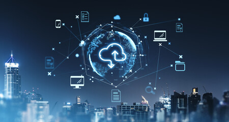 Poster - digital cloud storage icons over cityscape, glowing blue theme.