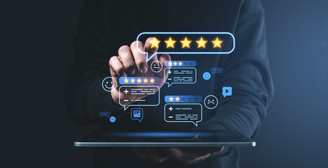 Poster - Customer feedback concept with online reviews and star ratings on a tablet screen.