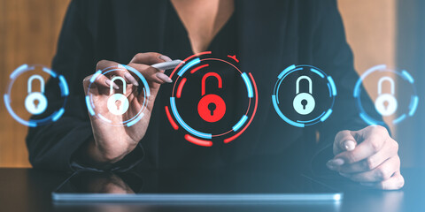 Poster - digital lock icons in red and blue overlaid on a screen, symbolizing cybersecurity and data protecti