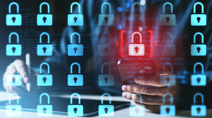 Poster - cybersecurity concept with padlocks and smartphone usage in blue-red highlights.