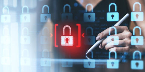 Poster - digital cybersecurity concept with padlock icons on a transparent interface.