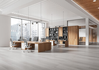 Poster - modern office interior with open space design and wooden elements. 3d rendering