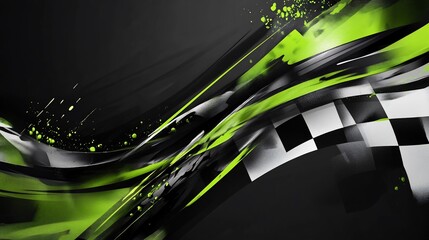 Poster - Abstract dynamic design with checkered flag and green and black swirling shapes.