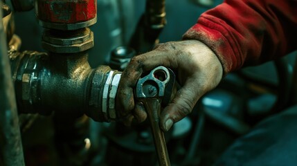 Wall Mural - A man is working on a pipe with a wrench