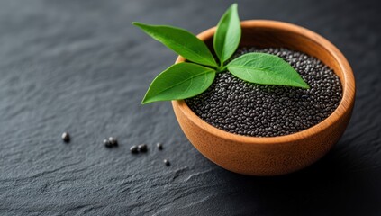 Wall Mural - chia seeds in a rustic bowl on a dark background