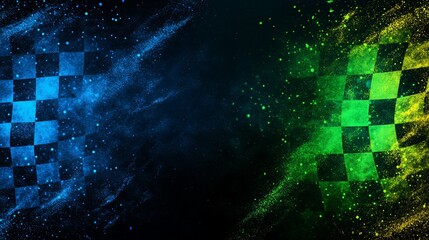 Poster - Abstract checkered racing flag with digital particles, vibrant blue and green colors.