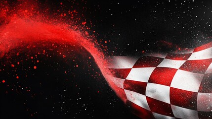 Aufkleber - Checkered flag waving in the dark with red and white particles.