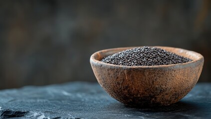 Wall Mural - chia seeds in a rustic bowl on a dark background