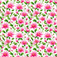 Wall Mural - Vibrant floral pattern with pink blossoms and lush greenery