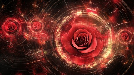 Poster - A digital Valentines card with intricate details of roses and futuristic patterns.