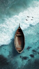 Wall Mural - Solitude on the Sea: A Wooden Boat and Serene Ocean View