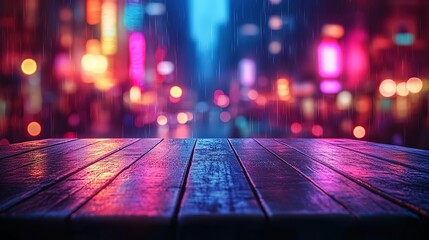 Poster - A close-up shot of a wooden table with a blurred bookend background, featuring neon lights and a dark interior setting, creating a night view ambiance, Hd image