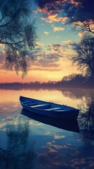 Wall Mural - Serene Sunset Landscape: A Boat on a Calm Lake