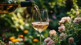 Ros? wine being poured into a glass outdoors in a garden setting.