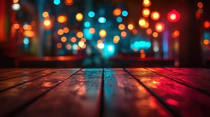 Poster - A close-up shot of a wooden table with a blurred bookend background, featuring neon lights and a dark interior setting, creating a night view ambiance, Hd image