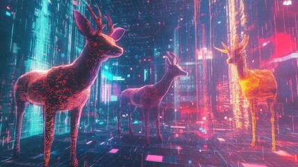 Poster - Digital Deer in a Neon Cityscape