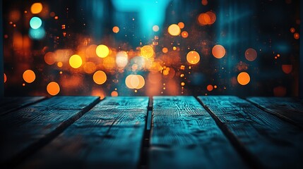 Poster - A close-up shot of a wooden table with a blurred bookend background, featuring neon lights and a dark interior setting, creating a night view ambiance, Hd image