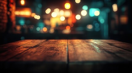 Poster - A close-up shot of a wooden table with a blurred bookend background, featuring neon lights and a dark interior setting, creating a night view ambiance, Hd image