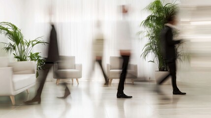 Fototapete - In a sleek, contemporary office, business partners are captured in motion, walking purposefully among elegant plants and minimalist furnishings, reflecting an atmosphere of collaboration