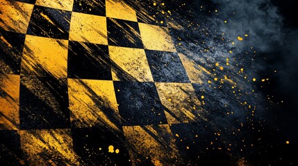 Poster - Checkered flag with motion blur and grunge texture, dramatic lighting.